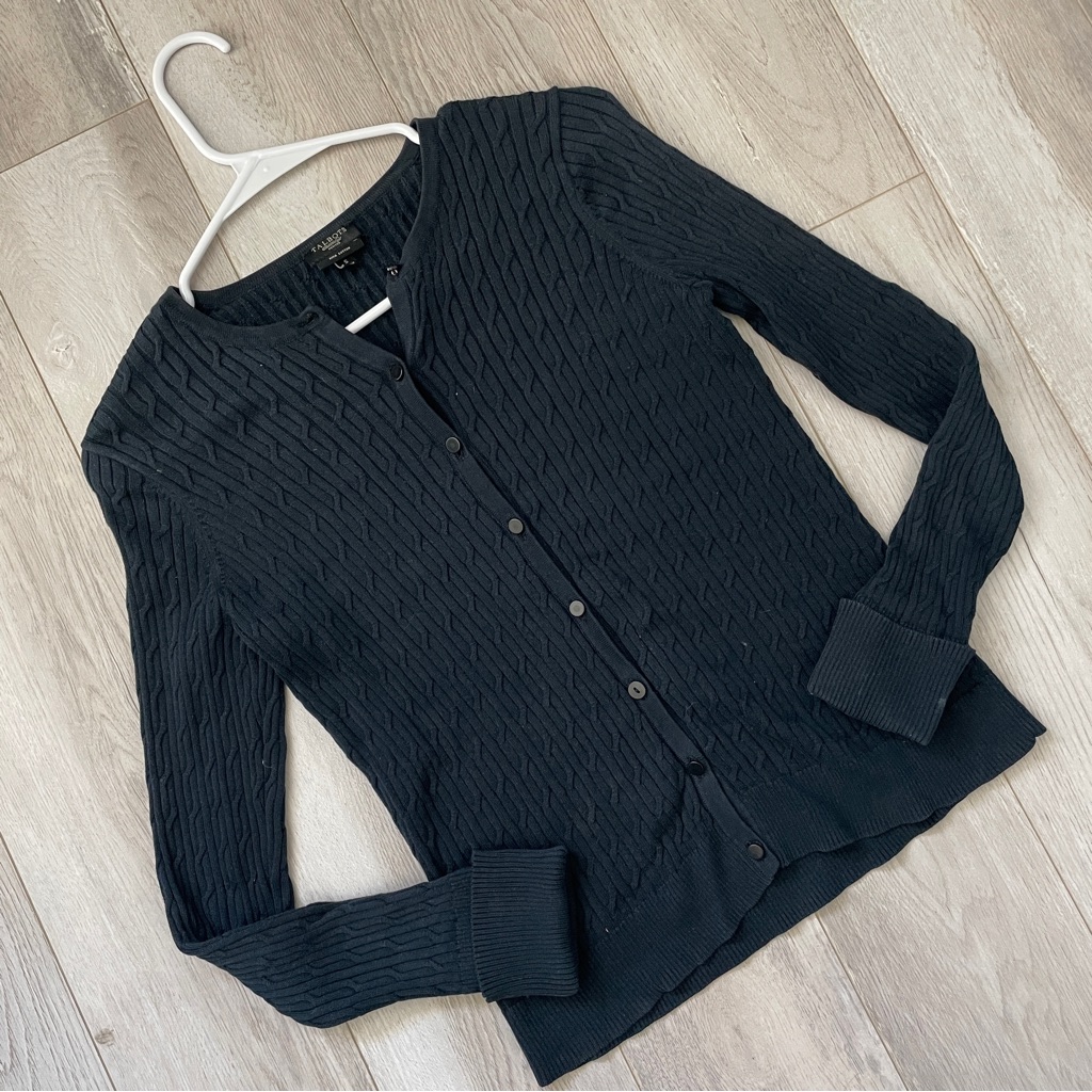 Talbots Fisherman Cardigan Pima Cotton Cable Knit Womens Navy Blue Small Classic